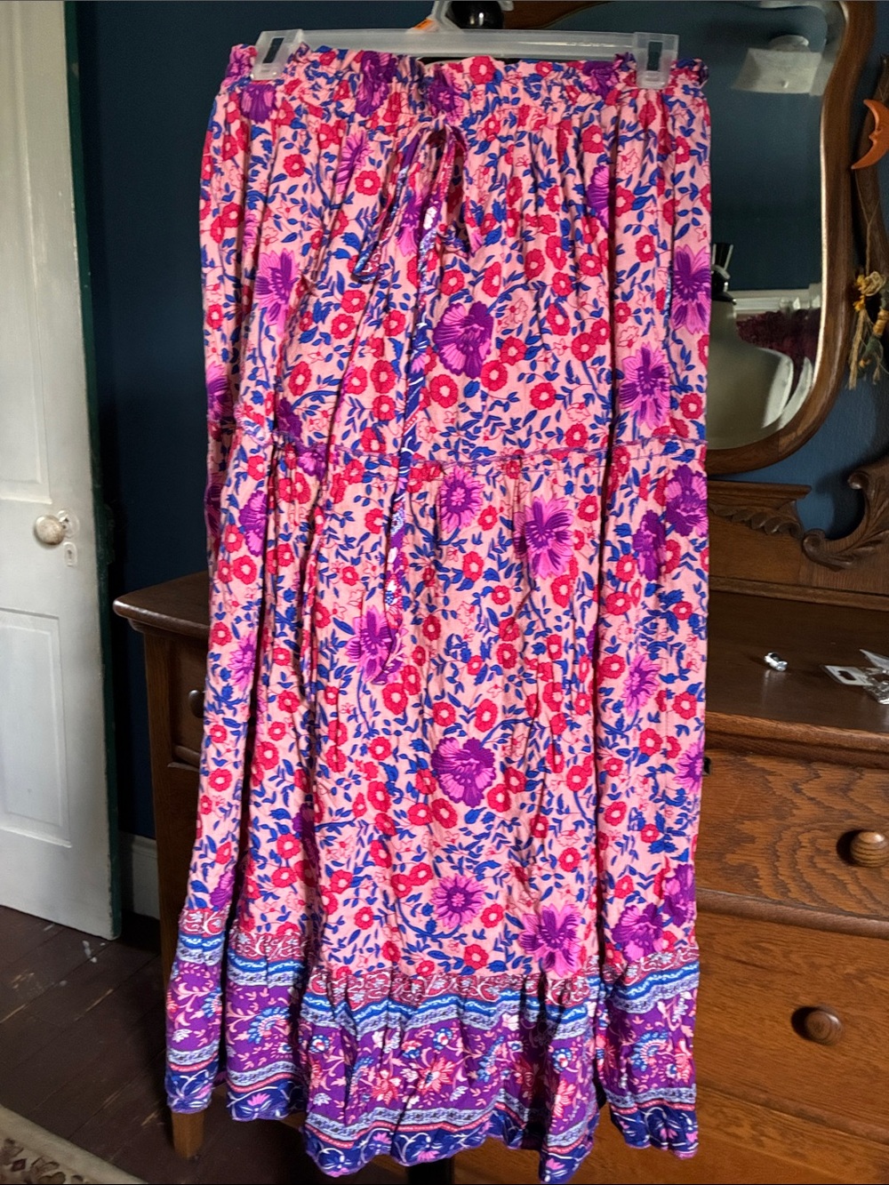 Boho Floral Tiered Maxi Skirt in Pink and Purple